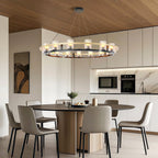 Wooden and metal frame chandelier in a modern dining area