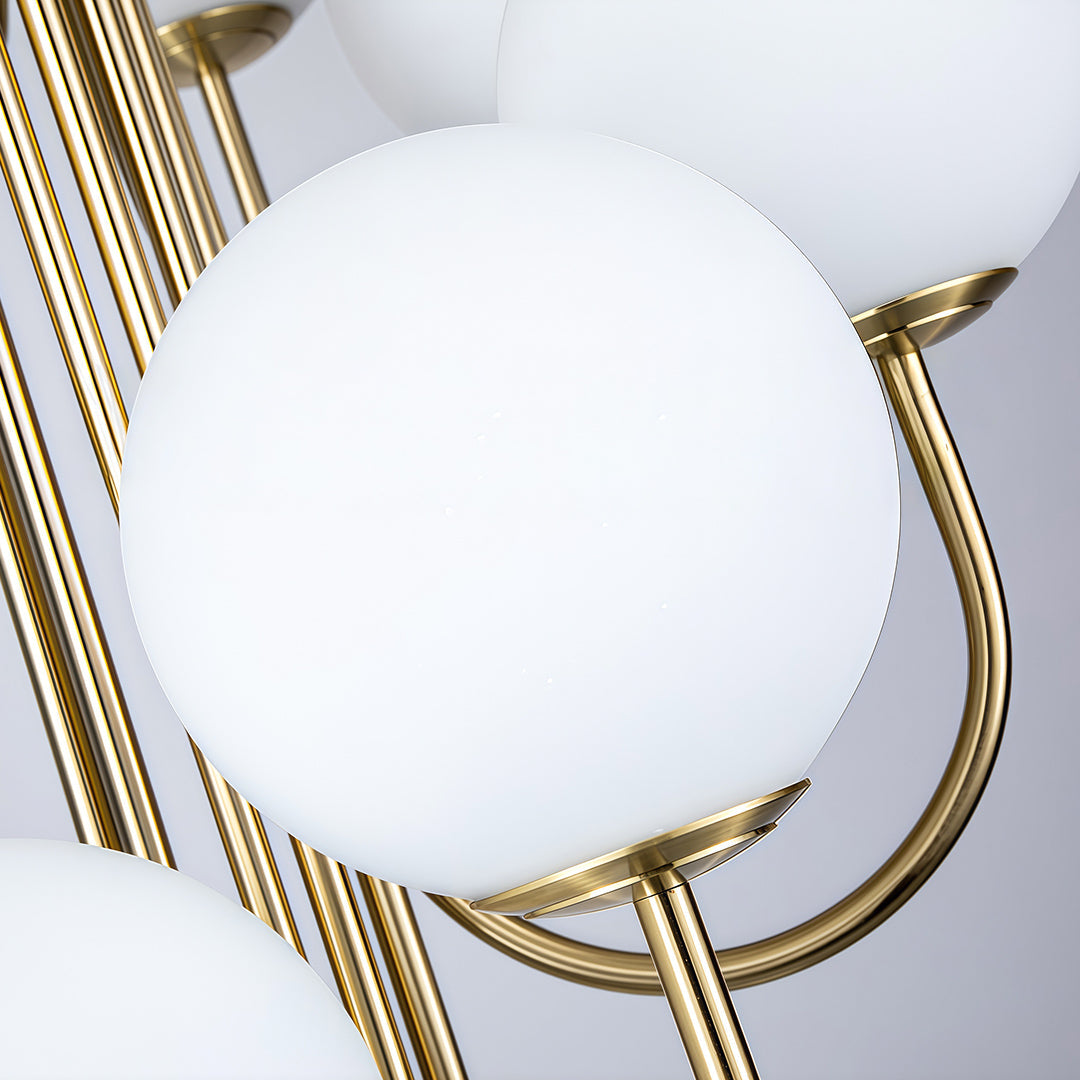 Modern spiral chandelier with rows of clear glass globes