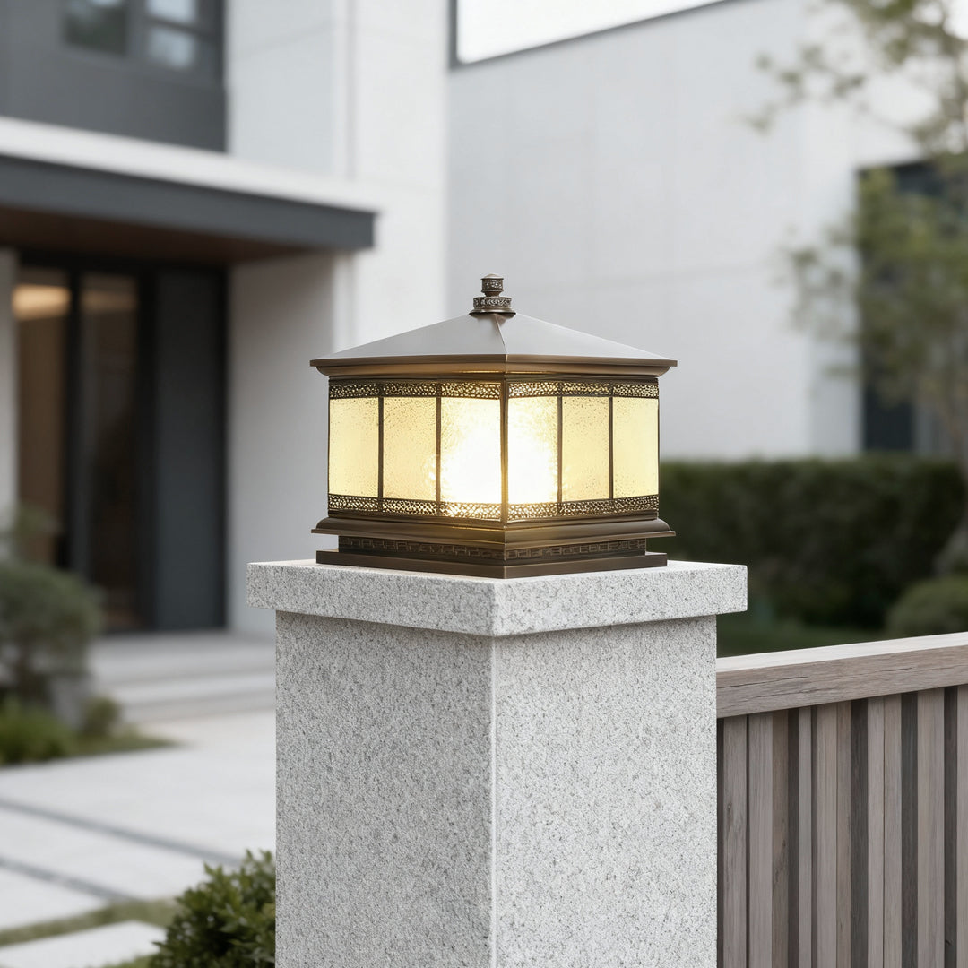 Copper Gate Pillar Light, Antique Bronze Waterproof Solar or Hardwired Post Lantern for Driveway and Fence Columns, Three Sizes
