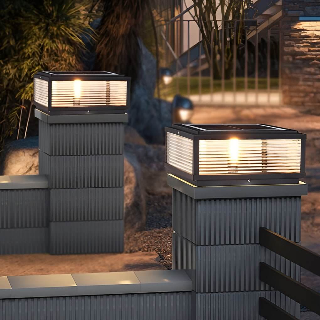 Square Pillar Post Light, Ribbed Glass and Stainless Steel Column Lantern for Gate Posts and Driveways, Solar or Hardwired