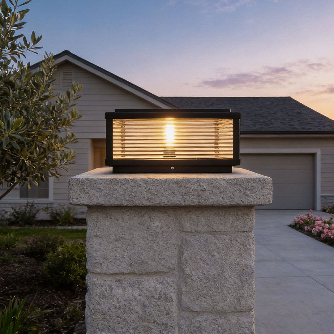 Square Pillar Post Light, Ribbed Glass and Stainless Steel Column Lantern for Gate Posts and Driveways, Solar or Hardwired