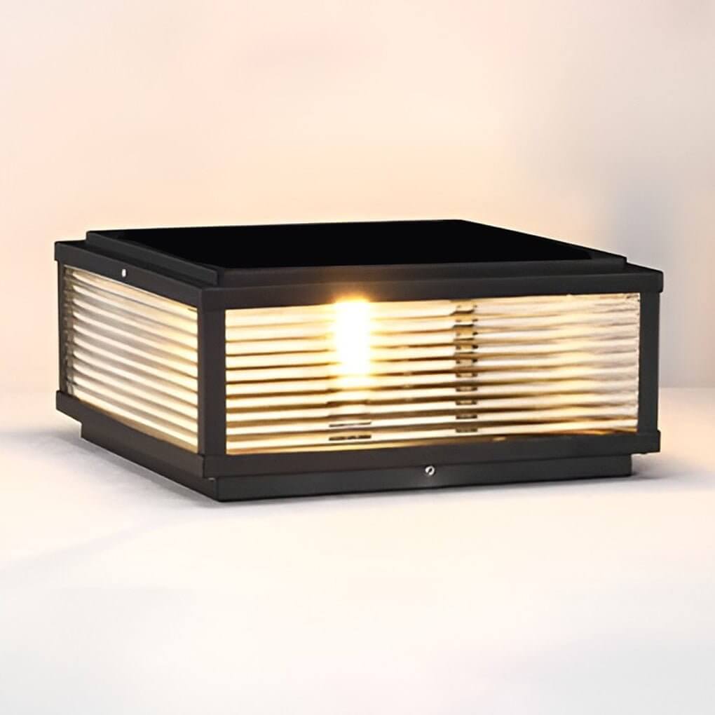 Square Pillar Post Light, Ribbed Glass and Stainless Steel Column Lantern for Gate Posts and Driveways, Solar or Hardwired