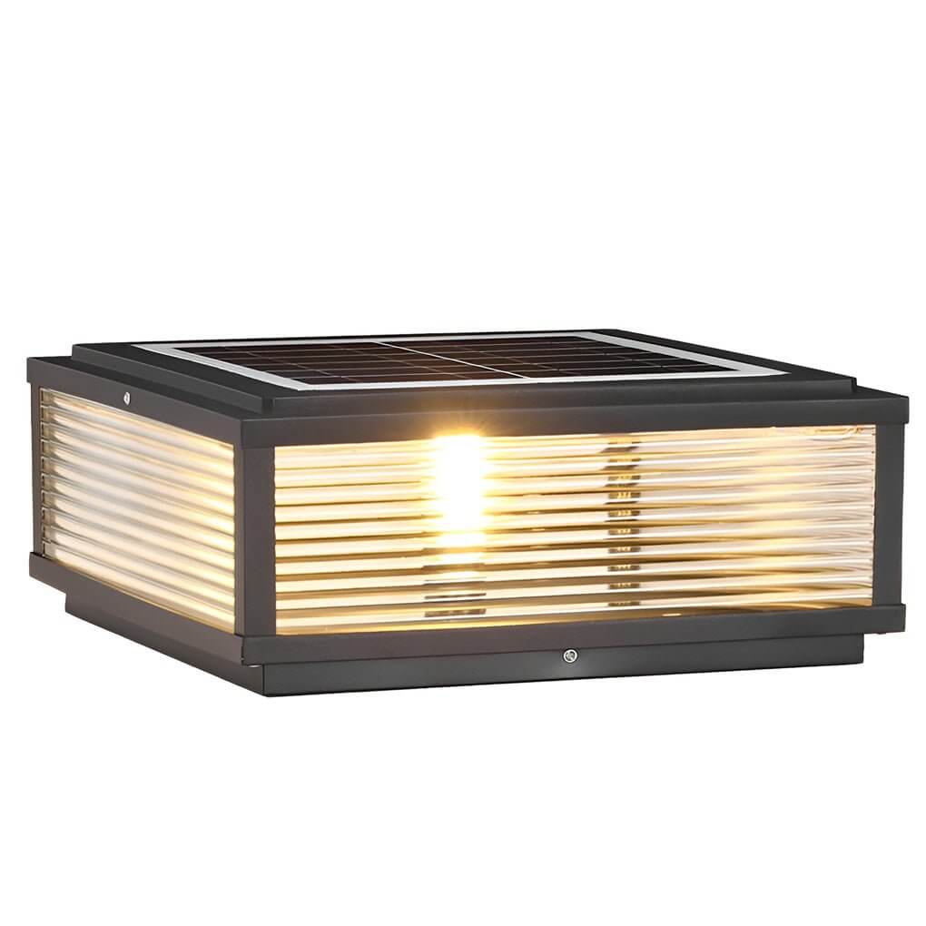 Square Pillar Post Light, Ribbed Glass and Stainless Steel Column Lantern for Gate Posts and Driveways, Solar or Hardwired