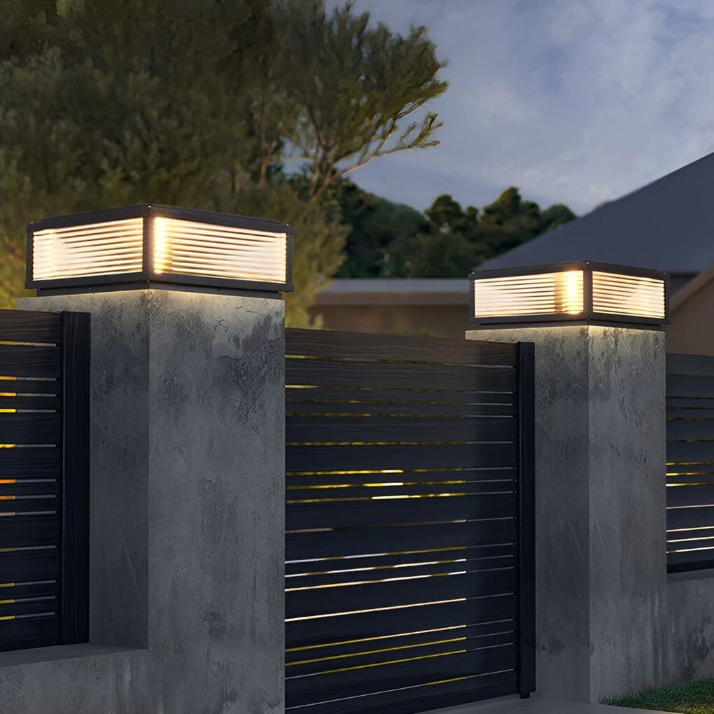 Square Pillar Post Light, Ribbed Glass and Stainless Steel Column Lantern for Gate Posts and Driveways, Solar or Hardwired