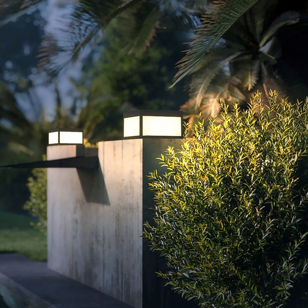Square Pillar Light, Black Stainless Steel LED Cube Fixture for Gate Columns and Fence Posts, Solar or Hardwired in Six Sizes