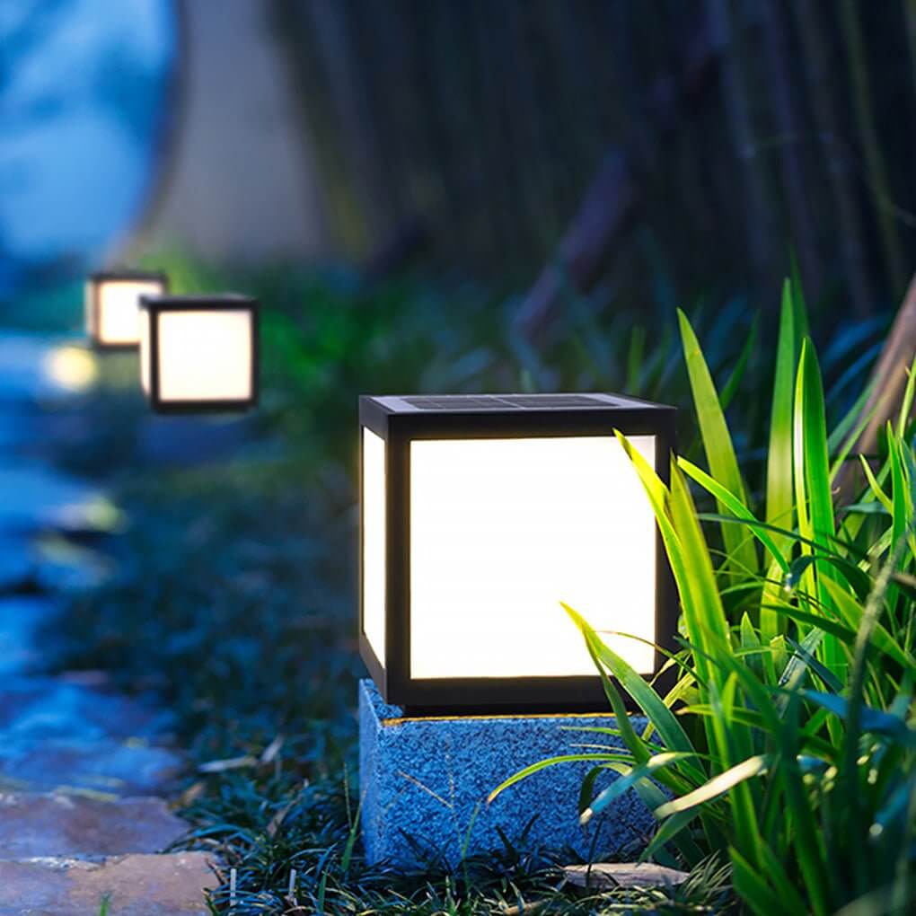 Square Pillar Light, Black Stainless Steel LED Cube Fixture for Gate Columns and Fence Posts, Solar or Hardwired in Six Sizes