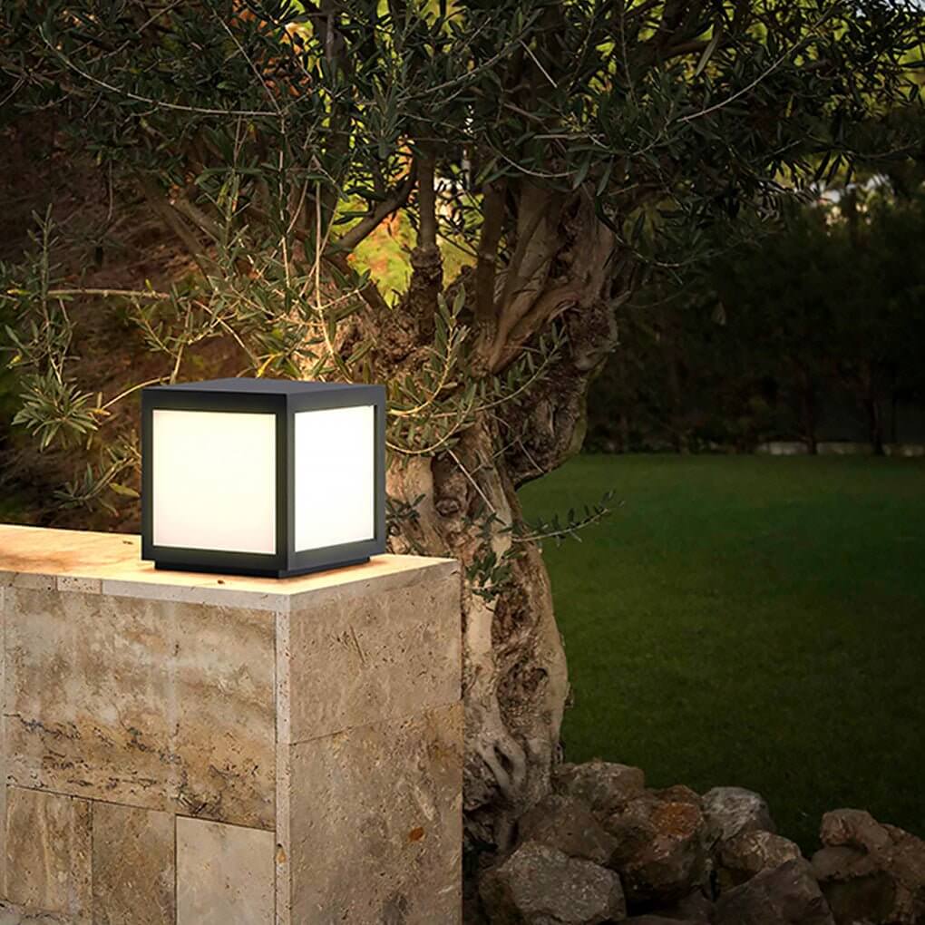 Square Pillar Light, Black Stainless Steel LED Cube Fixture for Gate Columns and Fence Posts, Solar or Hardwired in Six Sizes
