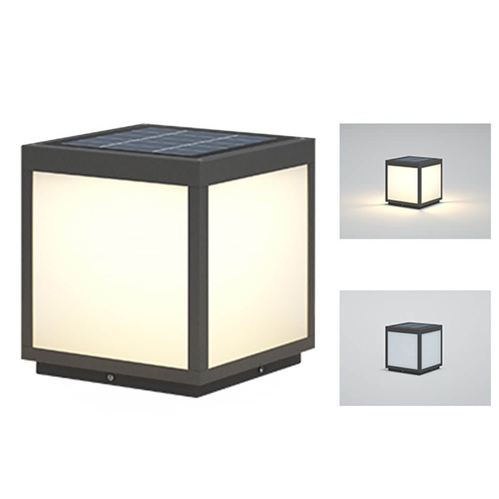Square Pillar Light, Black Stainless Steel LED Cube Fixture for Gate Columns and Fence Posts, Solar or Hardwired in Six Sizes