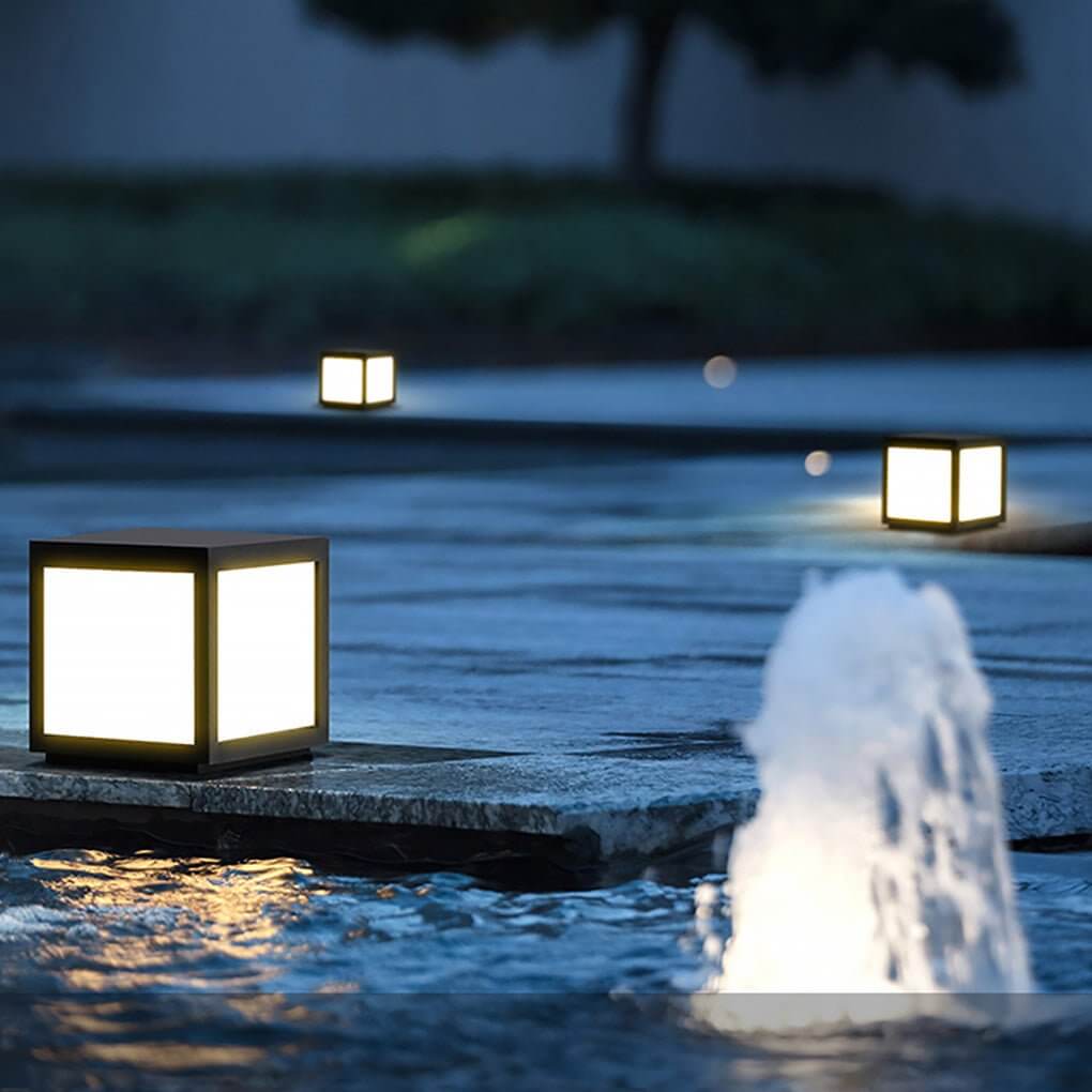 Square Pillar Light, Black Stainless Steel LED Cube Fixture for Gate Columns and Fence Posts, Solar or Hardwired in Six Sizes