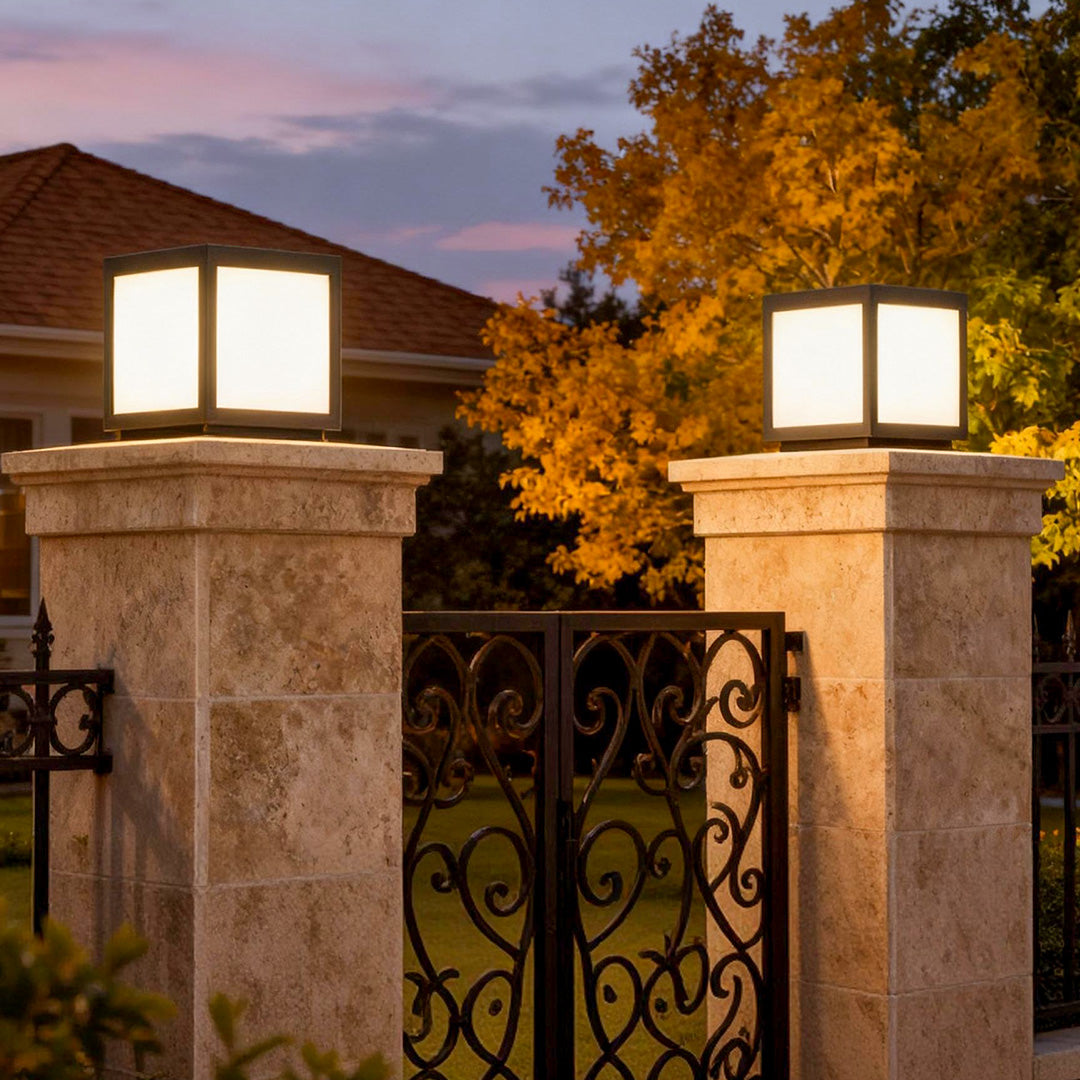Square Pillar Light, Black Stainless Steel LED Cube Fixture for Gate Columns and Fence Posts, Solar or Hardwired in Six Sizes