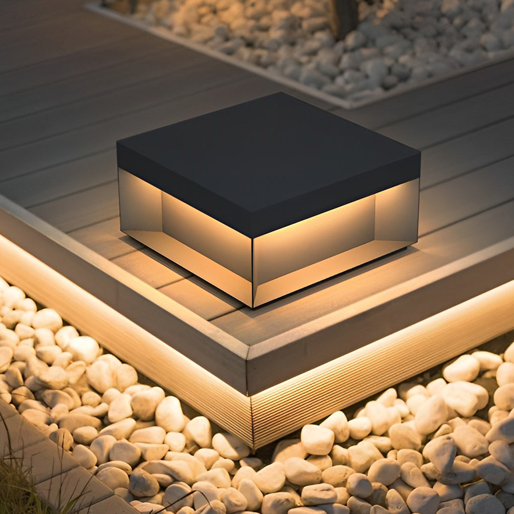 Square Solar Deck Light, Industrial Black Stainless Steel LED Cube for Decks, Piers and Fences, Solar or Hardwired in Five Sizes
