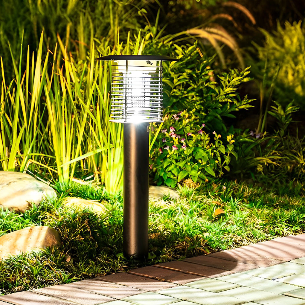 Stainless steel solar bug zapper light in a garden