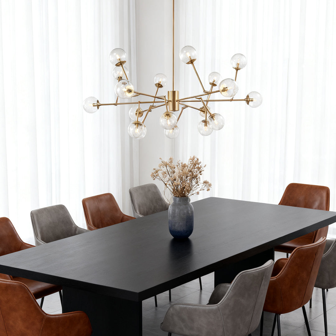 Bubble sputnik chandelier as a focal point in a white dining room