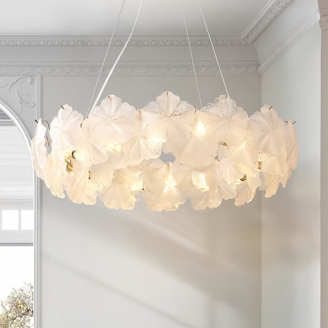Glass garland chandelier as a statement in a dining room