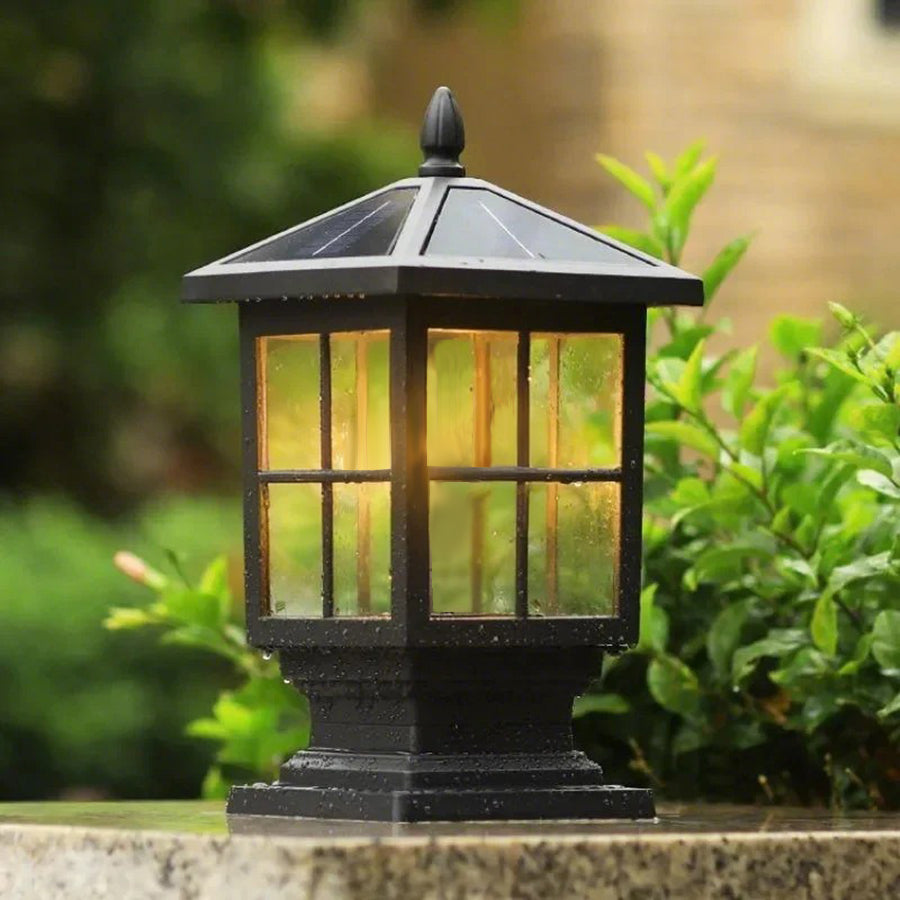 Black lantern lighting a pathway surrounded by greenery