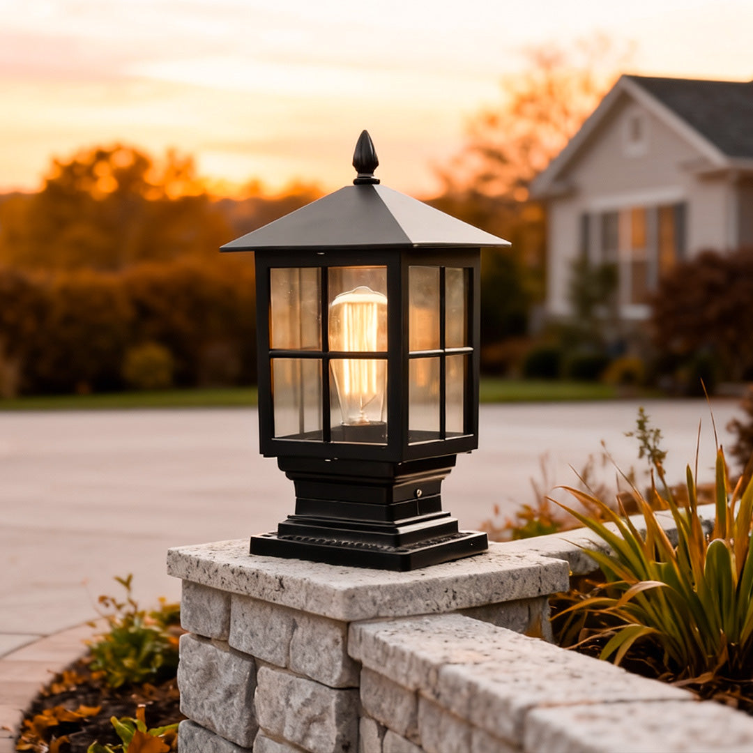 Traditional Pillar Post Light, Black Aluminum and Glass Column Lantern for Gateposts, Solar or Hardwired Dual Power
