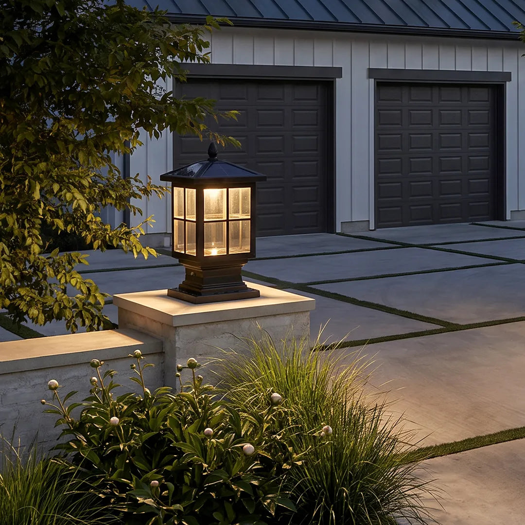 Traditional Pillar Post Light, Black Aluminum and Glass Column Lantern for Gateposts, Solar or Hardwired Dual Power