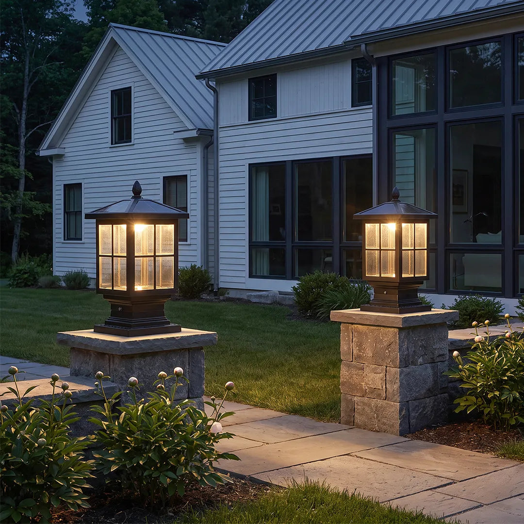 Traditional Pillar Post Light, Black Aluminum and Glass Column Lantern for Gateposts, Solar or Hardwired Dual Power