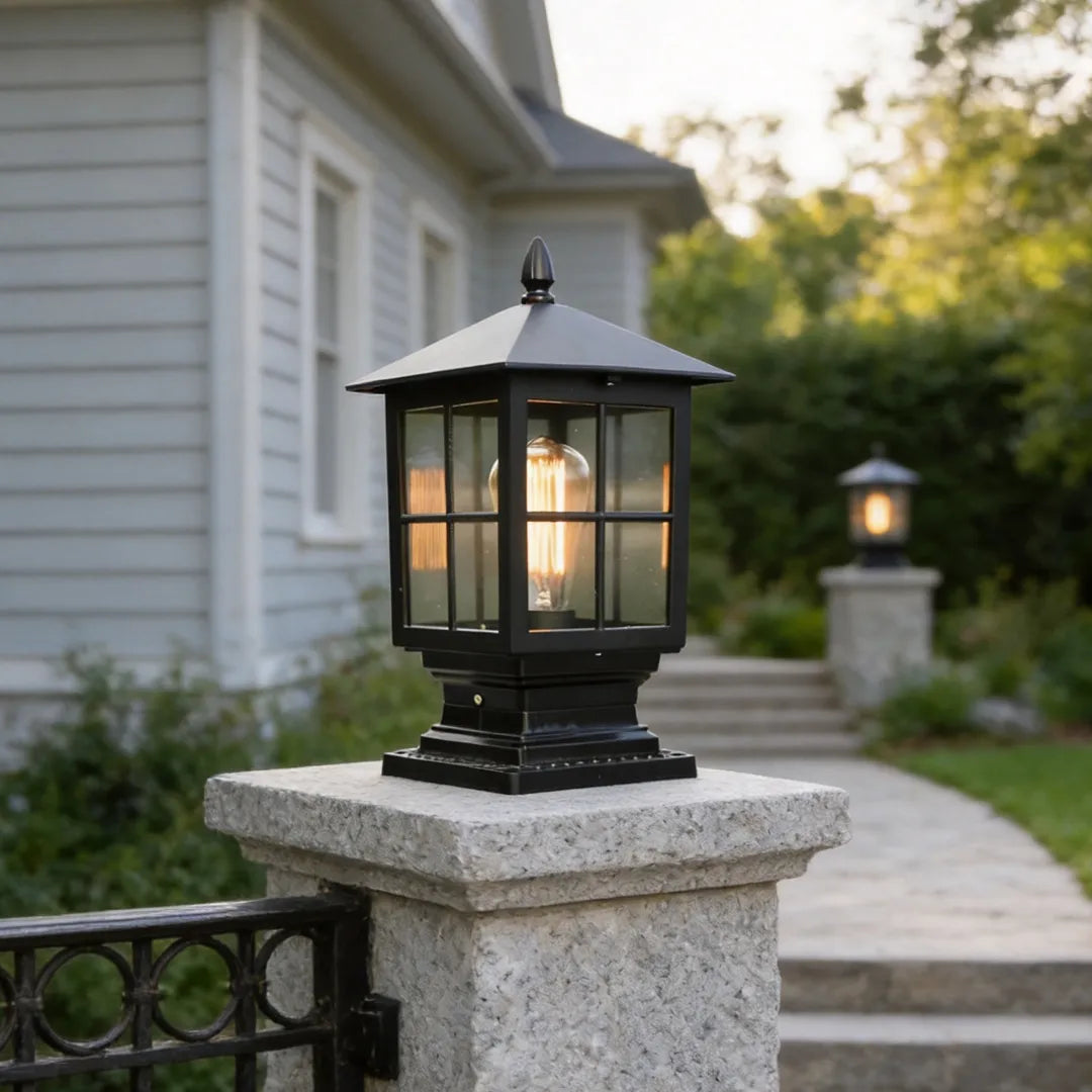 Traditional Pillar Post Light, Black Aluminum and Glass Column Lantern for Gateposts, Solar or Hardwired Dual Power