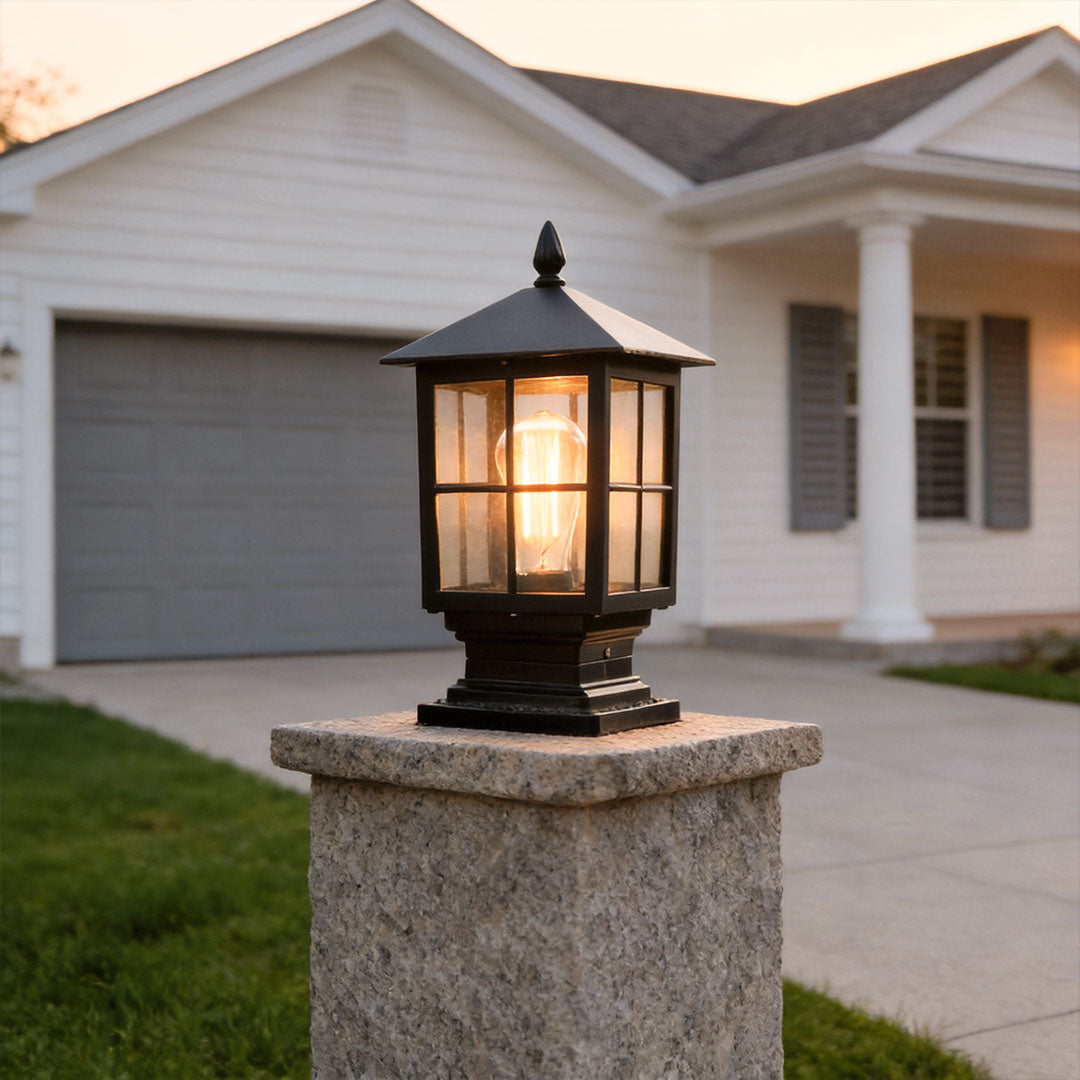 Traditional Pillar Post Light, Black Aluminum and Glass Column Lantern for Gateposts, Solar or Hardwired Dual Power