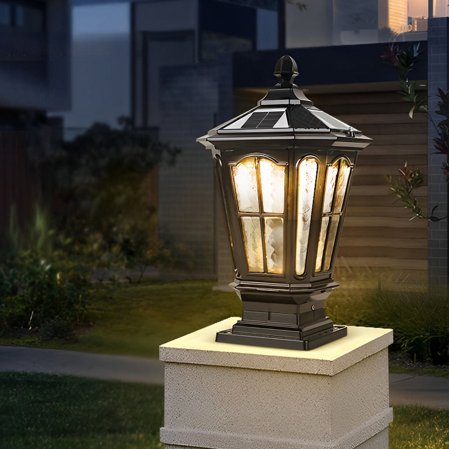 Pavilion Pillar Post Light, Retro Die-Cast Aluminum and Glass Column Lantern for Gateposts, Solar or Hardwired, Black or Bronze