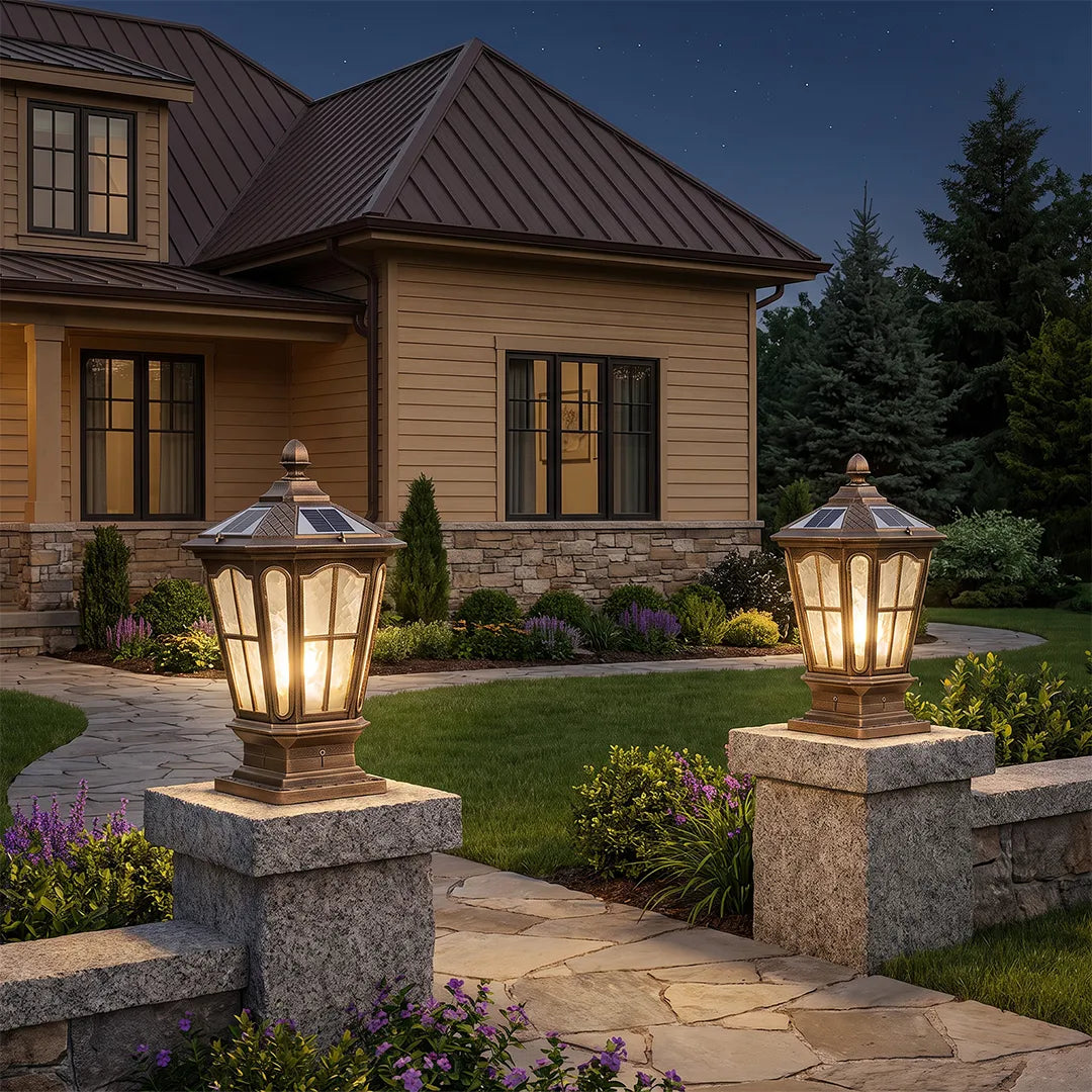 Pavilion Pillar Post Light, Retro Die-Cast Aluminum and Glass Column Lantern for Gateposts, Solar or Hardwired, Black or Bronze