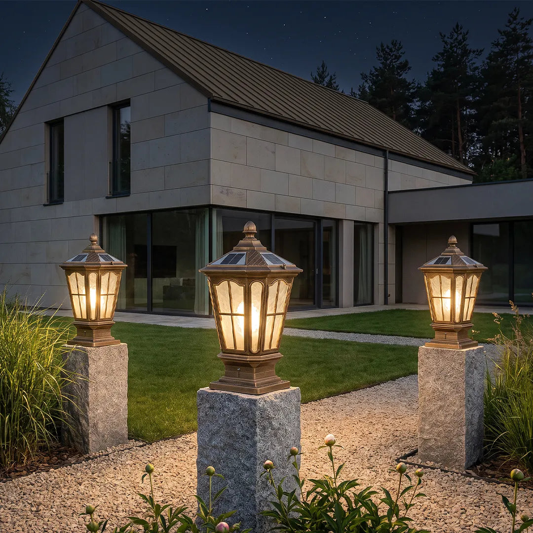 Pavilion Pillar Post Light, Retro Die-Cast Aluminum and Glass Column Lantern for Gateposts, Solar or Hardwired, Black or Bronze