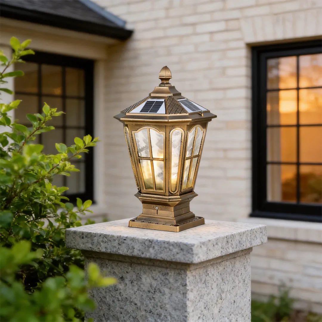 Pavilion Pillar Post Light, Retro Die-Cast Aluminum and Glass Column Lantern for Gateposts, Solar or Hardwired, Black or Bronze