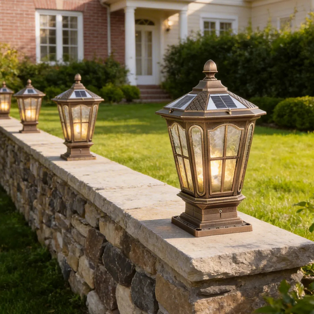 Pavilion Pillar Post Light, Retro Die-Cast Aluminum and Glass Column Lantern for Gateposts, Solar or Hardwired, Black or Bronze