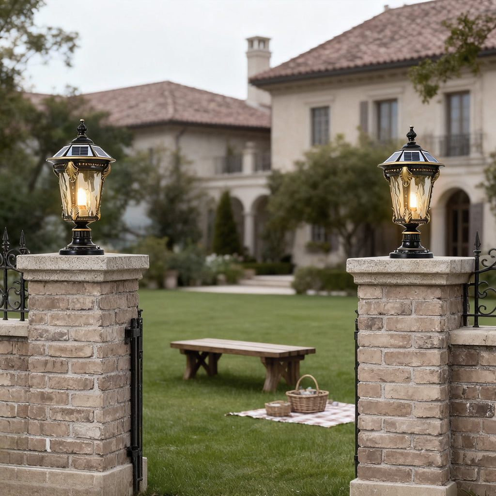Stone Pillar Post Cap Light, Retro Die-Cast Aluminum Lantern for Masonry Columns and Gates, Solar and Hardwired Dual Power
