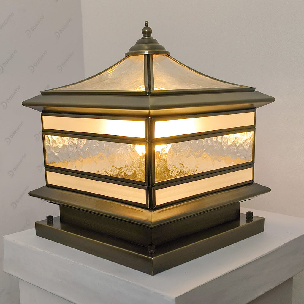 Bronze finish pillar lantern shown as a product display