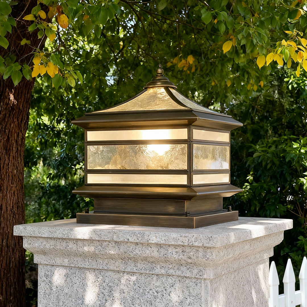 Brass Pillar Solar Post Light, Retro Waterproof Column Lantern for Fence Posts and Gate Piers, Solar or Hardwired in Three Sizes