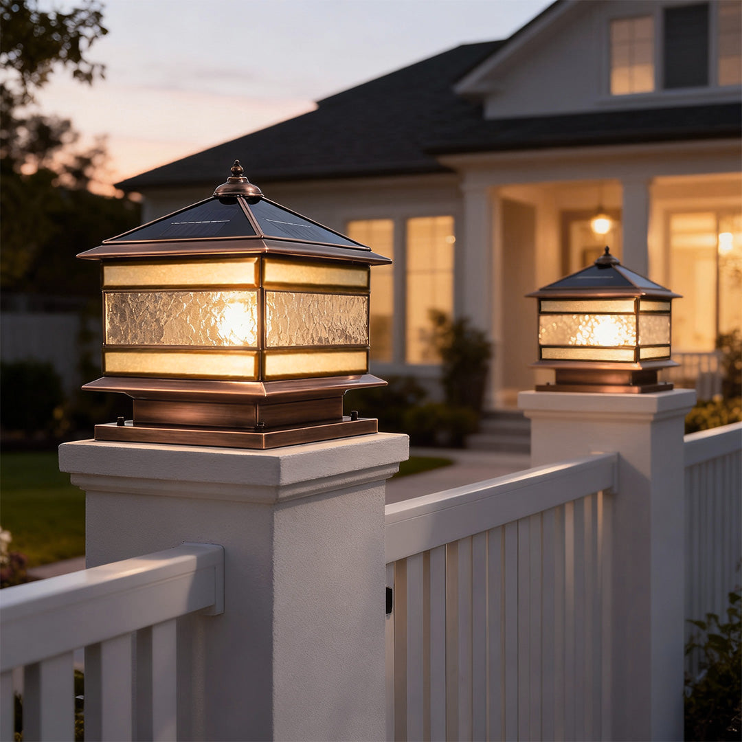Brass Pillar Solar Post Light, Retro Waterproof Column Lantern for Fence Posts and Gate Piers, Solar or Hardwired in Three Sizes