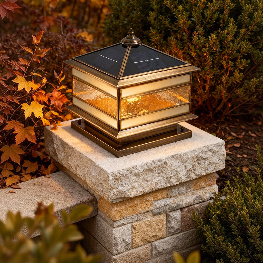 Brass Pillar Solar Post Light, Retro Waterproof Column Lantern for Fence Posts and Gate Piers, Solar or Hardwired in Three Sizes