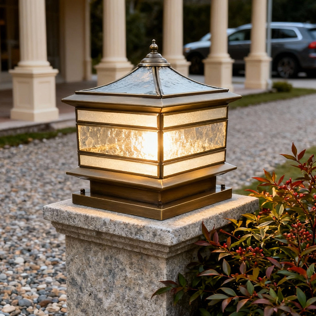 Brass Pillar Solar Post Light, Retro Waterproof Column Lantern for Fence Posts and Gate Piers, Solar or Hardwired in Three Sizes