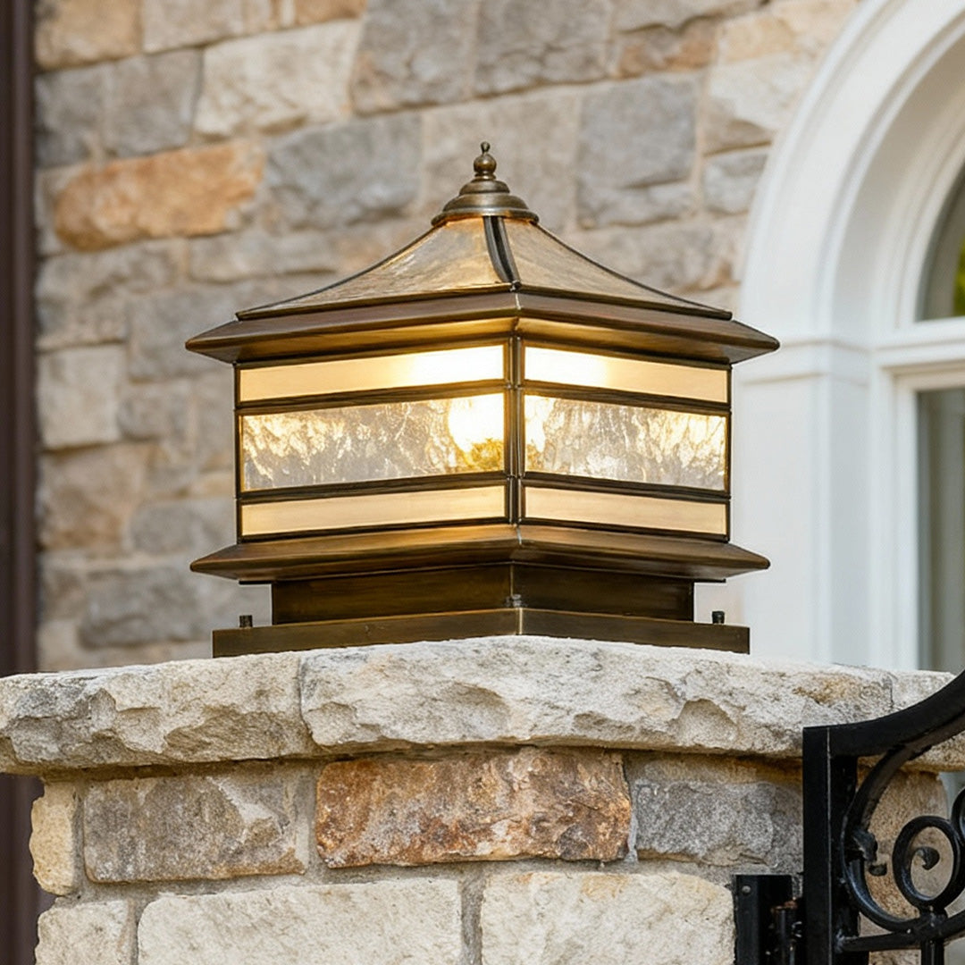 Brass Pillar Solar Post Light, Retro Waterproof Column Lantern for Fence Posts and Gate Piers, Solar or Hardwired in Three Sizes