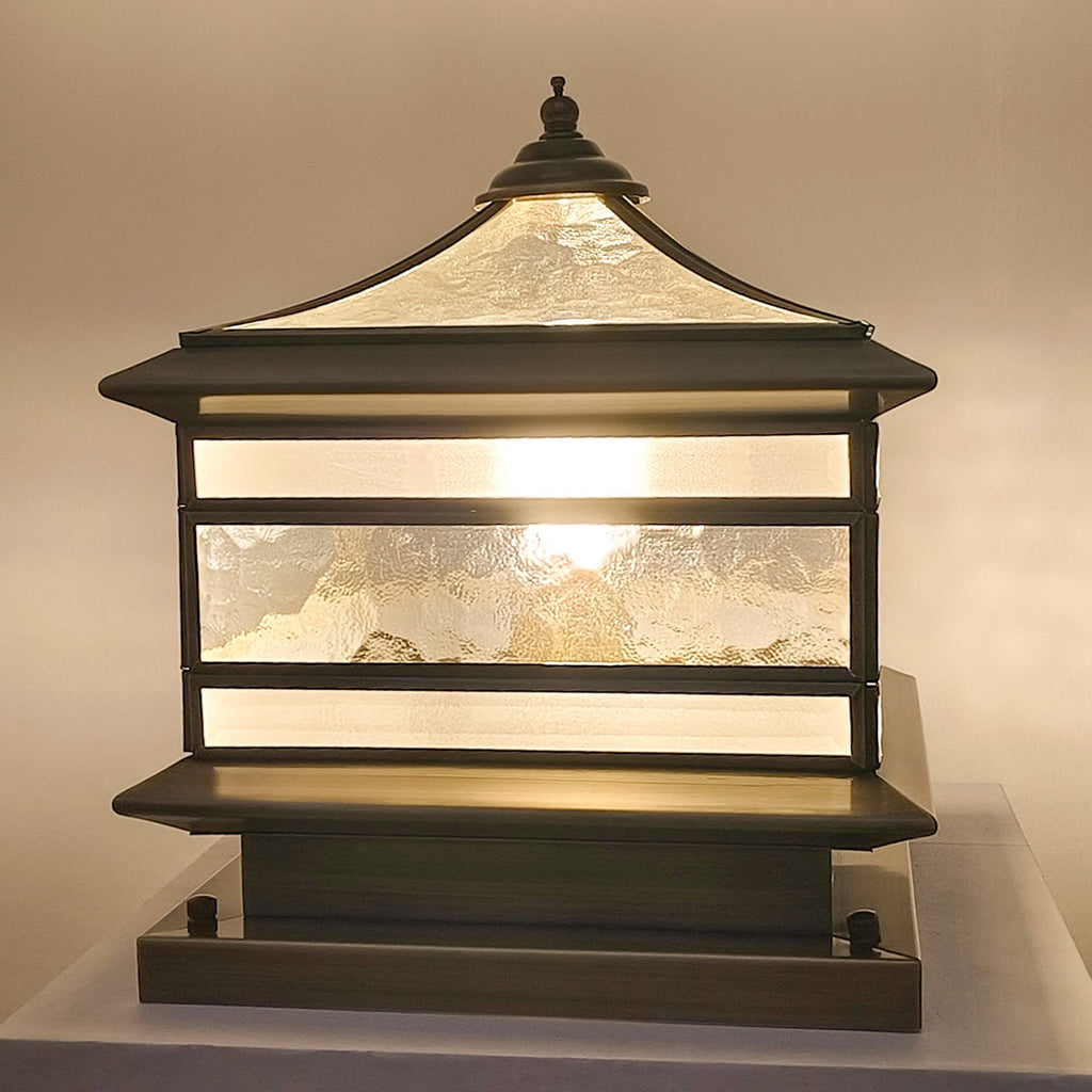 Close view of the textured glass panels of the lantern