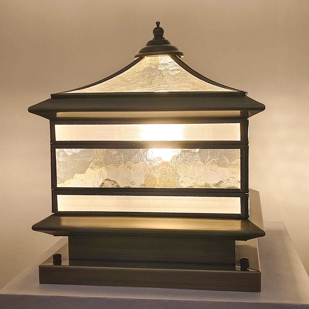 Close view of the textured glass panels of the lantern