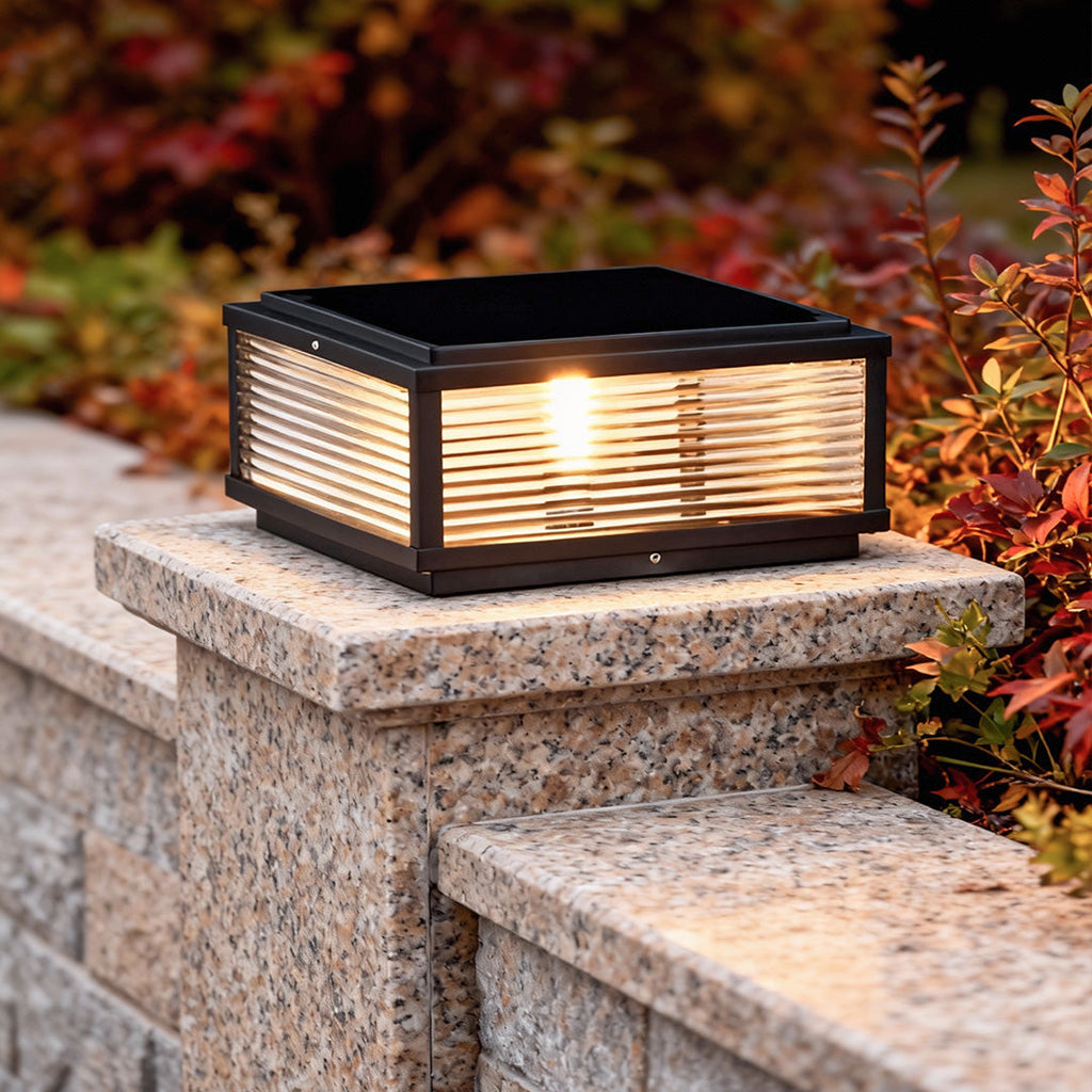 Square Pillar Post Light, Ribbed Glass and Stainless Steel Column Lantern for Gate Posts and Driveways, Solar or Hardwired