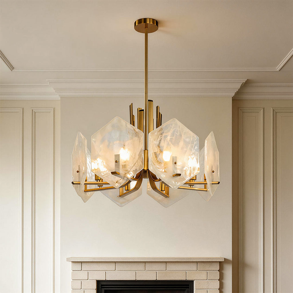 Geometric Chandelier, Gold Metal and Clear Glass Ceiling Light for Entryway, Adjustable Rod