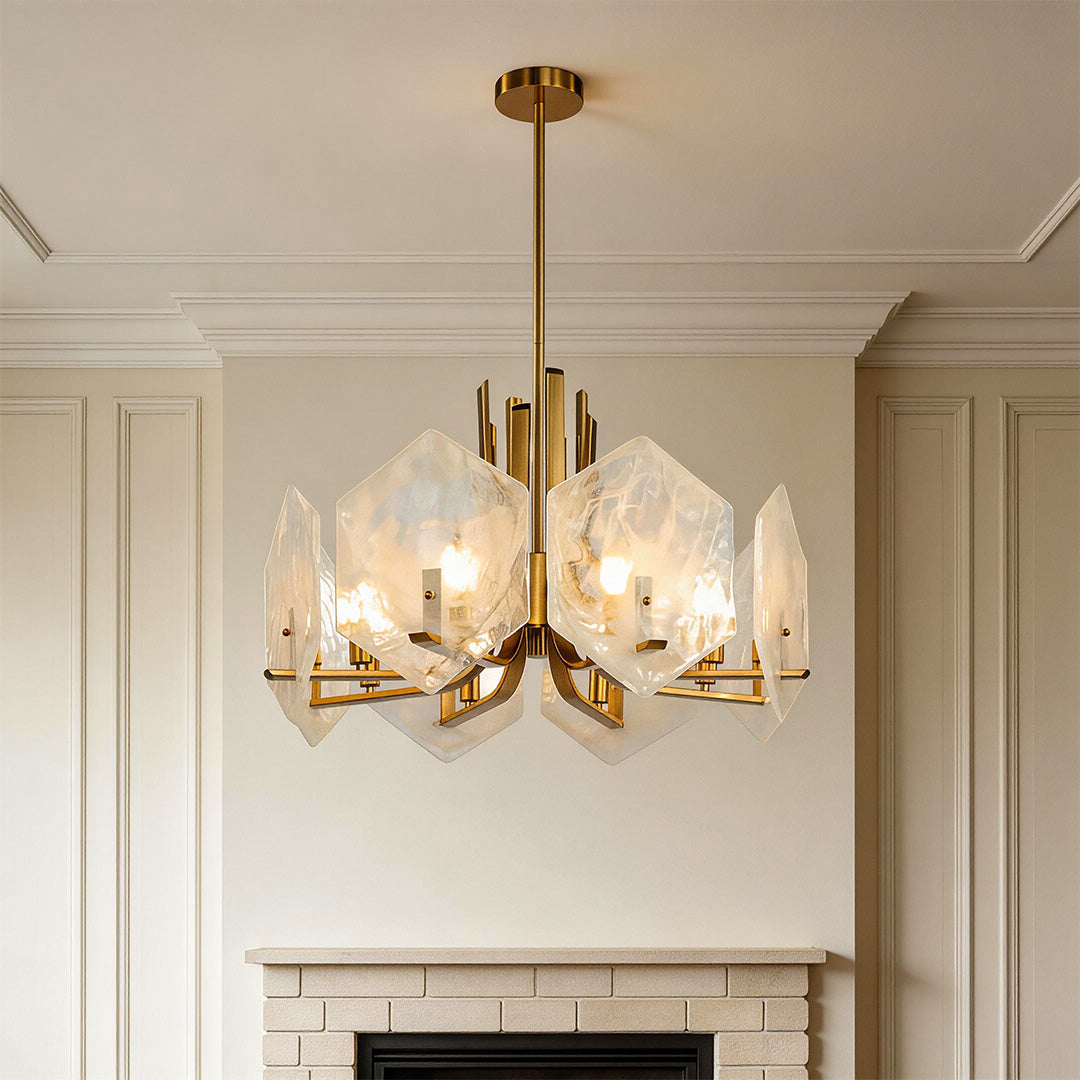Geometric Chandelier, Gold Metal and Clear Glass Ceiling Light for Entryway, Adjustable Rod