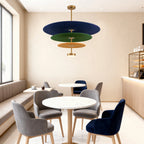 Felt tier chandelier hanging above cozy cafe seating