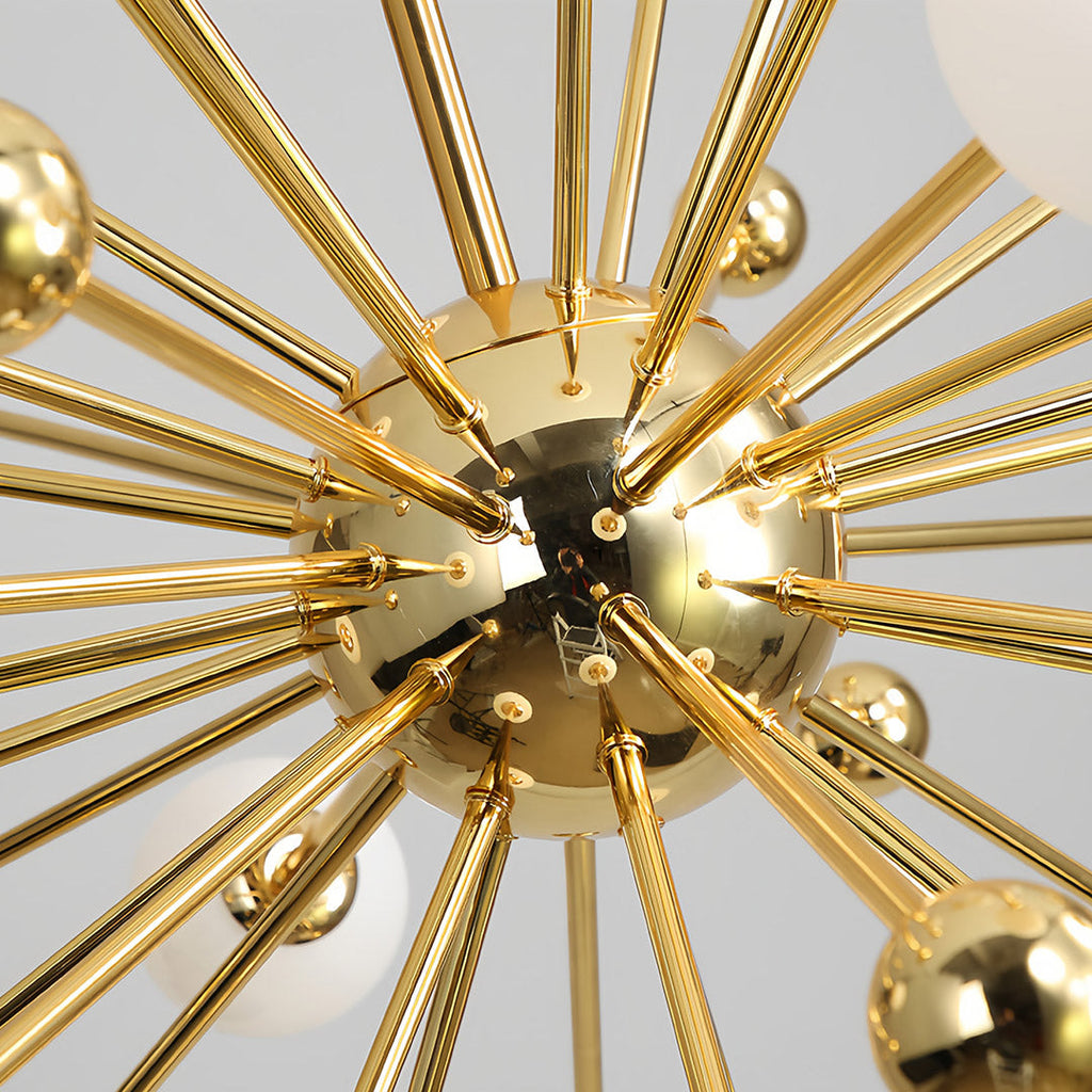 Gold sputnik chandelier hanging in a cozy interior