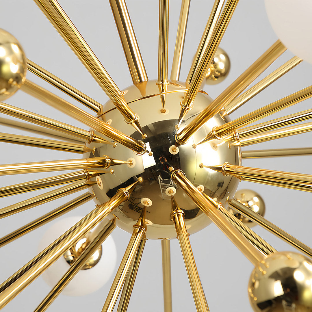 Gold sputnik chandelier hanging in a cozy interior