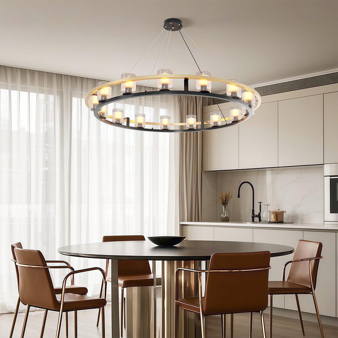 Wagon wheel chandelier above a contemporary kitchen island