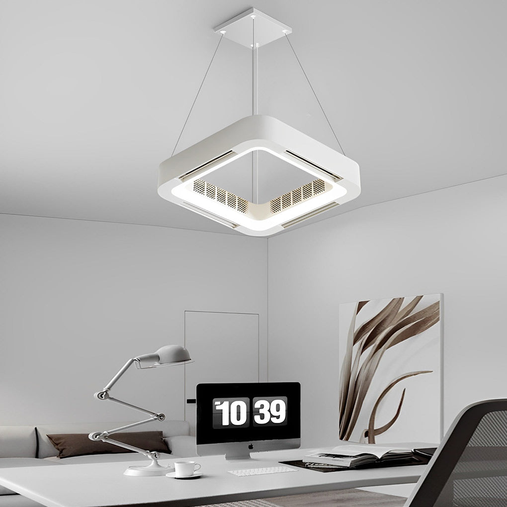Suspended bladeless ceiling fan light above a study desk