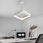 Suspended bladeless ceiling fan light above a study desk