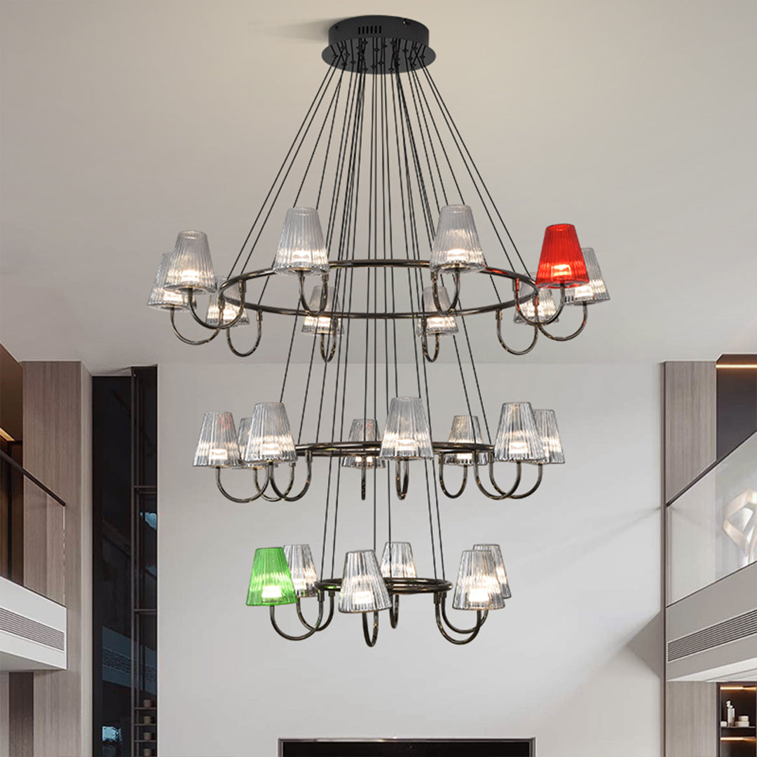 Six-shade suspended chandelier hanging in a hallway