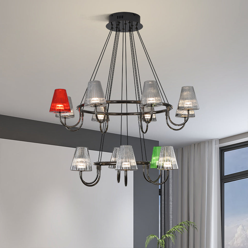 Six-shade suspended chandelier hanging in a living room