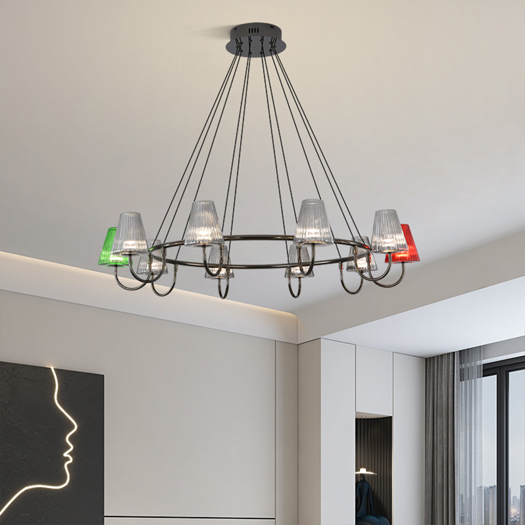 Six-shade chandelier viewed from below against the ceiling